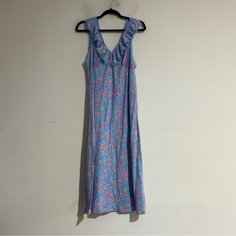 Lauren Ralph Lauren Blue Pink Floral Ruffle Midi Nightgown Dress Cottage Boho